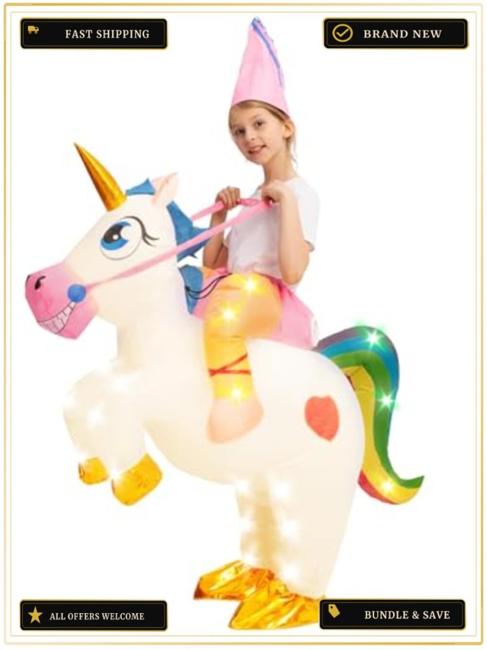 Kids Light-Up Inflatable Unicorn Costume Halloween Blow Up Set with Hat